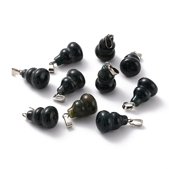 Natural Moss Agate Pendants, with Brass Loops and Snap on Bails, Long-Lasting Plated, Platinum, Gourd/Calabash, 16.5~17x12mm, Hole: 4x4mm