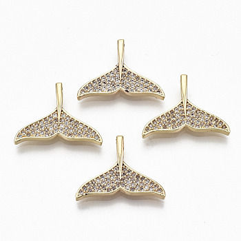 Brass Micro Pave Clear Cubic Zirconia Pendants, Nickel Free, Whale Tail, Real 18K Gold Plated, 14.5x19.5x3.5mm, Hole: 1.4mm