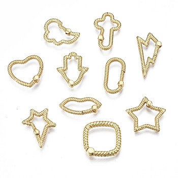 Brass Spring Gate Rings, Nickel Free, Star & Lightning & Palm & Heart & Oval & Lip & Rectangle & Cloud, Real 16K Gold Plated, 9~24x10~20x2~3mm
