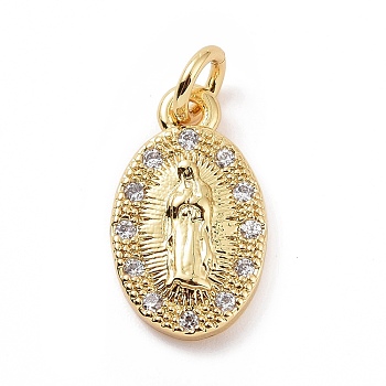 Brass Micro Pave Cubic Zirconia Charms, with Jump Ring, Oval with Religion Virgin Mary Charm, Golden, 14.5x8.5x2.5mm, Hole: 2.8mm