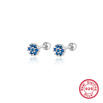 Rhodium Plated Platinum 925 Sterling Silver Flower Stud Earrings, with Cubic Zirconia, Dodger Blue, 5mm