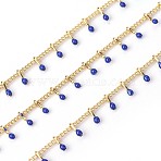 Handmade Enamel Beaded Chains, with Brass Curb Chains, Soldered, Cadmium Free & Lead Free, with Spool, Long-Lasting Plated, Real 18K Gold Plated, Dark Blue, 5.5x1.5~2mm, about 32.8 Feet(10m)/roll(X-CHC-P007-D03)