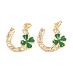 Brass Micro Pave Cubic Zirconia Pendants, Horseshoe with Clover Charms, with Enamel, Long-Lasting Plated, Rack Plating, Lead Free & Cadmium Free, with Jump Ring, Real 18K Gold Plated, 22x22.5x5.5mm, Jump Ring: 5x0.8mm, Inner Diameter: 3mm(KK-C162-022G)