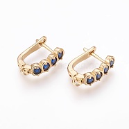 Brass Micro Pave Cubic Zirconia Hoop Earring Findings with Latch Back Closure, Blue, Real 18K Gold Plated, 17.5x13x5mm, Hole: 1.5mm, Pin: 1mm(X-ZIRC-F088-040G)