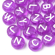 Transparent Acrylic Beads, Horizontal Hole, Mixed Letters, Flat Round, Dark Orchid, 7x4mm, Hole: 1.5mm, about 3700pcs/500g(TACR-N002-04E)