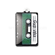 Printed Alloy Pendants, Cassette Tape with Word Good Vibes, Platinum, Sea Green, 25.5x14.5x2.5mm, Hole: 1.6mm(FIND-B012-01B)