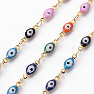Handmade Brass Link Chains, with Enamel, Soldered, Spool, Evil Eye, Real 18K Gold Plated, Colorful, 10x4x3mm and 3.5x2.5x0.3mm, about 16.4 Feet(5m)/roll(CHC-S012-076)