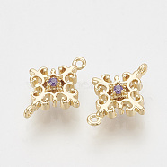 Brass Links connectors, with Cubic Zirconia, Flower, Nickel Free, Real 18K Gold Plated, Blue Violet, 13x10x4mm, Hole: 0.8mm(X-KK-T027-49G-02)