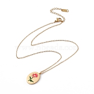 Enamel Oval with Birth Flower Pendant Necklace, Golden 304 Stainless Steel Jewelry for Women, November Chrysanthemum, 15.67~16.26 inch(39.8~41.3cm)(STAS-H174-02G-K)