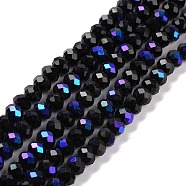 Electroplate Opaque Solid Color Glass Beads Strands, Half Rainbow Plated, Faceted, Rondelle, Black, 4x3mm, Hole: 0.4mm, about 123~127pcs/strand, 16.5~16.9 inch(42~43cm)(EGLA-A034-P4mm-L01)