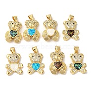 Rack Plating Brass Micro Pave Clear Cubic Zirconia Pendants, Heart Bear Charms with Synthetic Opal, Real 18K Gold Plated, Cadmium Free & Lead Free, Long-Lasting Plated, Mixed Color, 21.5~22.5x14.5x4mm, Hole: 3.5x3mm(KK-P268-05)