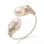 Natural Pearl Cuff Ring, Brass Wire Wrap Finger Ring, Silver, US Size 6 3/4(17.1mm)(RJEW-H220-15S)