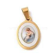 Ion Plating(IP) 304 Stainless Steel Pendants, with Pave Shell, Oval with Saint Charm, Golden, Light Blue, 21x14x3mm, Hole: 6x3mm(STAS-C103-03G-08)