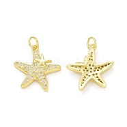 Rack Plating Brass Micro Pave Clear Cubic Zirconia Pendants, with Jump Ring, Cadmium Free & Lead Free, Long-Lasting Plated, Starfish Shape Charm, Real 18K Gold Plated, 20.5x18x3mm, Hole: 3.5mm(KK-C011-09G)