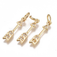 Brass Micro Pave Cubic Zirconia Pendants, with Jump Ring, Long-Lasting Plated, Arrow, Clear, Real 18K Gold Plated, 17x3x1mm, Hole: 3mm(X-ZIRC-F111-14G)