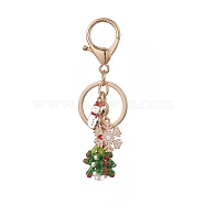 Christmas Theme Glass Keychains,with Alloy Enamel Pendants and Iron Keychain Clasp Findings, Snowflake & Christmas Tree & Snowman, Golden, 9.7cm(KEYC-TA00011)