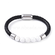 Round Natural Howlite Bead Bracelets, Braided Leather Cord Bracelets with Stainless Steel Color Tone 304 Stainless Steel Magnetic Clasps, for Men Women, 8 inch(20.3cm), 6~10mm(BJEW-A009-08P-02)