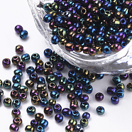 Plated Glass Seed Beads, Round, Medium Blue, 2~2.3x1.5mm, Hole: 0.8mm, about 30000pcs/bag, about 450g/bag(SEED-Q025-2mm-B05)