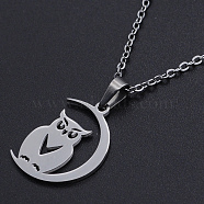201 Stainless Steel Pendants Necklaces, with Cable Chains and Lobster Claw Clasps, Halloween Theme, Owl with Moon, Stainless Steel Color, 17.71 inch(45cm), 1.5mm(NJEW-S105-JN707-45-1)
