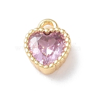 Brass Charms, with Glass, Heart Charm, Real 18K Gold Plated, Lilac, 8x6x3mm, Hole: 1mm(KK-I702-32A)