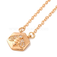 Brass Pave Clear Cubic Zirconia Cable Chain Bees Hexagon Pendant Necklaces for Women, Light Gold, 16.93 inch(430mm), Pendant: 15x13mm(NJEW-U006-02B-KCG)