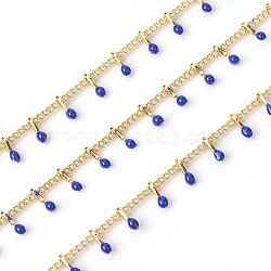 Handmade Enamel Beaded Chains, with Brass Curb Chains, Soldered, Cadmium Free & Lead Free, with Spool, Long-Lasting Plated, Real 18K Gold Plated, Dark Blue, 5.5x1.5~2mm, about 32.8 Feet(10m)/roll(X-CHC-P007-D03)