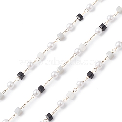 Cube & Round Glass & ABS Imitation Pearl Beaded Chains, Unwelded, with 304 Stainless Steel Link Chains, Golden, Black, 2.5~3x2.5~3x2.5mm(CHS-P016-43G-04)