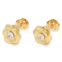 Rack Plating Flower Brass Pave Clear Cubic Zirconia Stud Earrings for Women, Long-Lasting Plated, Lead Free & Cadmium Free, Real 18K Gold Plated, 9x9mm(EJEW-Z059-09G)