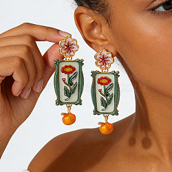 Alloy & Enamel Stud Dangle Earrings for Women, Rectangle & Flower, Golden, Dark Sea Green, 68x22mm(WG66E5A-01)
