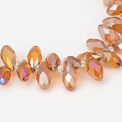Electroplate Glass Beads Strands, Top Drilled Beads, Faceted Teardrop, AB Color Plated, Chocolate, 12~13x6mm, Hole: 1mm, about 95~99pcs/strand, 15.7~18 inch(X-EGLA-J068-AB07)