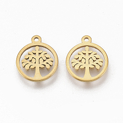 201 Stainless Steel Charms, Flat Round with Tree of Life, Golden, 12x10x1mm, Hole: 1mm(STAS-T050-020G)