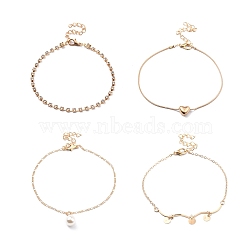 4Pcs 4 Style Alloy Chain Anklets Set with Heart Flat Round and Resin Pearl Charm, Clear Cubic Zirconia Tennis Anklets for Women, Light Gold, 8.27~9.06 inch(21~23cm)(SJEW-D009-04KCG)
