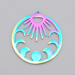 5Pcs Ion Plating(IP) 201 Stainless Steel Pendants, Laser Cut, Moon Phase Charms, Rainbow Color, 30x28x1mm, Hole: 1.4mm(STAS-SZ0002-07M)