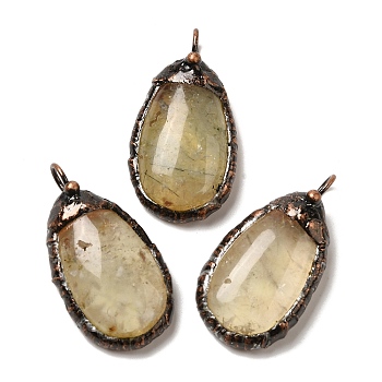 Natural Prehnite Pendants, Red Copper Tone Brass Teardrop Charms, 38x20.5x7.5~8mm, Hole: 5mm