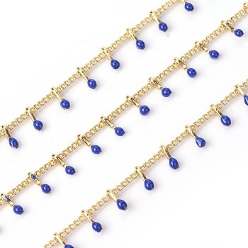 Handmade Enamel Beaded Chains, with Brass Curb Chains, Soldered, Cadmium Free & Lead Free, with Spool, Long-Lasting Plated, Real 18K Gold Plated, Dark Blue, 5.5x1.5~2mm, about 32.8 Feet(10m)/roll