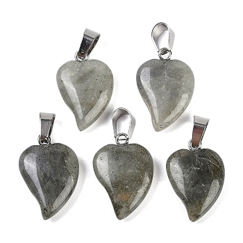 Natural Labradorite Heart Pendants, Love Heart Charms with 304 Stainless Steel Snap on Bails, Stainless Steel Color, 22.5x15.5x6mm, Hole: 6x3.5mm