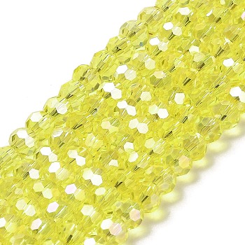 Transparent Glass Beads, 32 Facets, AB Color Plated, Round, Yellow, 6x5.5mm, Hole: 1.2mm, about 91~93pcs/strand, 19.57''~19.92''(49.7~50.6cm)