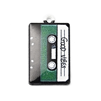 Printed Alloy Pendants, Cassette Tape with Word Good Vibes, Platinum, Sea Green, 25.5x14.5x2.5mm, Hole: 1.6mm