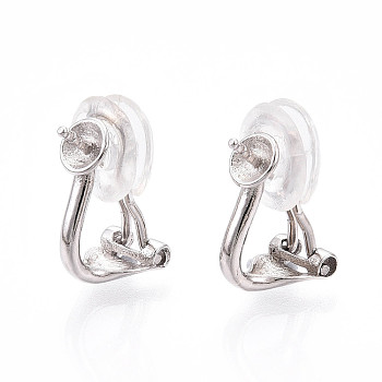 925 Sterling Silver Clip-on Earring Findings, Peg Cup Earring Settings for Half Drilled Beads, Platinum, 15.4x10x6.4mm, Pin: 0.9mm