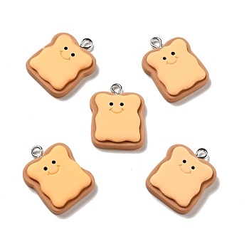 Opaque Resin Pendants, Bread with Smiling Face Charm, Imitation Food, with Platinum Tone Iron Loops, Camel, 24x18.5x5mm, Hole: 2x2.7mm