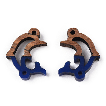 Opaque Resin & Walnut Wood Connector Charms, Dolphin Links, Dark Blue, 14x18.5x3mm, Hole: 1.5mm