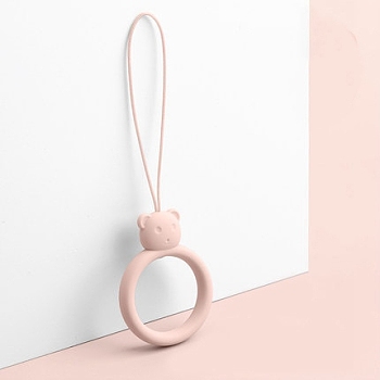 Ring with Bear Shapes Silicone Mobile Phone Finger Rings, Finger Ring Short Hanging Lanyards, Misty Rose, 9.5~10cm, Ring: 40x30x9mm