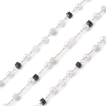 Cube & Round Glass & ABS Imitation Pearl Beaded Chains, Unwelded, with 304 Stainless Steel Link Chains, Golden, Black, 2.5~3x2.5~3x2.5mm