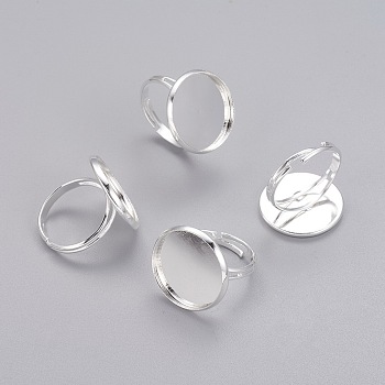 Adjustable Brass Pad Ring Bases, Silver Color Plated, Size: Ring: about 17mm inner diameter, Tray: 20mm in diameter, inner round: 18mm long, 18mm wide.