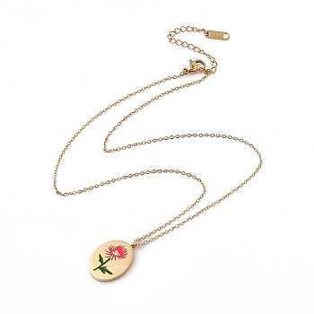Enamel Oval with Birth Flower Pendant Necklace, Golden 304 Stainless Steel Jewelry for Women, November Chrysanthemum, 15.67~16.26 inch(39.8~41.3cm)