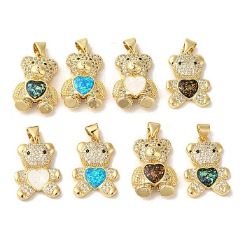 Rack Plating Brass Micro Pave Clear Cubic Zirconia Pendants, Heart Bear Charms with Synthetic Opal, Real 18K Gold Plated, Cadmium Free & Lead Free, Long-Lasting Plated, Mixed Color, 21.5~22.5x14.5x4mm, Hole: 3.5x3mm