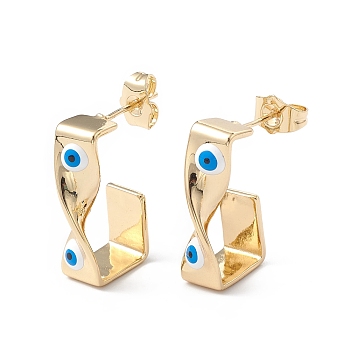 Brass Enamel Evil Eye Stud Earrings, with Ear Nuts, Real 18K Gold Plated Twist Earrings for Women Girls, White, 24x12mm, Pin: 1mm