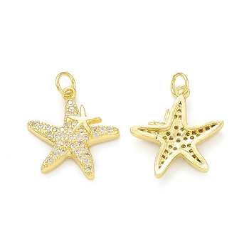 Rack Plating Brass Micro Pave Clear Cubic Zirconia Pendants, with Jump Ring, Cadmium Free & Lead Free, Long-Lasting Plated, Starfish Shape Charm, Real 18K Gold Plated, 20.5x18x3mm, Hole: 3.5mm