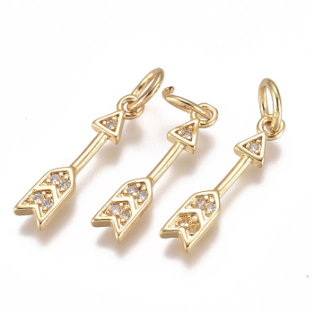 Brass Micro Pave Cubic Zirconia Pendants, with Jump Ring, Long-Lasting Plated, Arrow, Clear, Real 18K Gold Plated, 17x3x1mm, Hole: 3mm