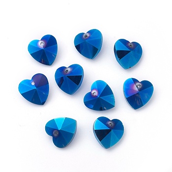 Romantic Valentines Ideas Glass Charms, Faceted Heart Pendants, Royal Blue, 14x14x8mm, Hole: 1mm